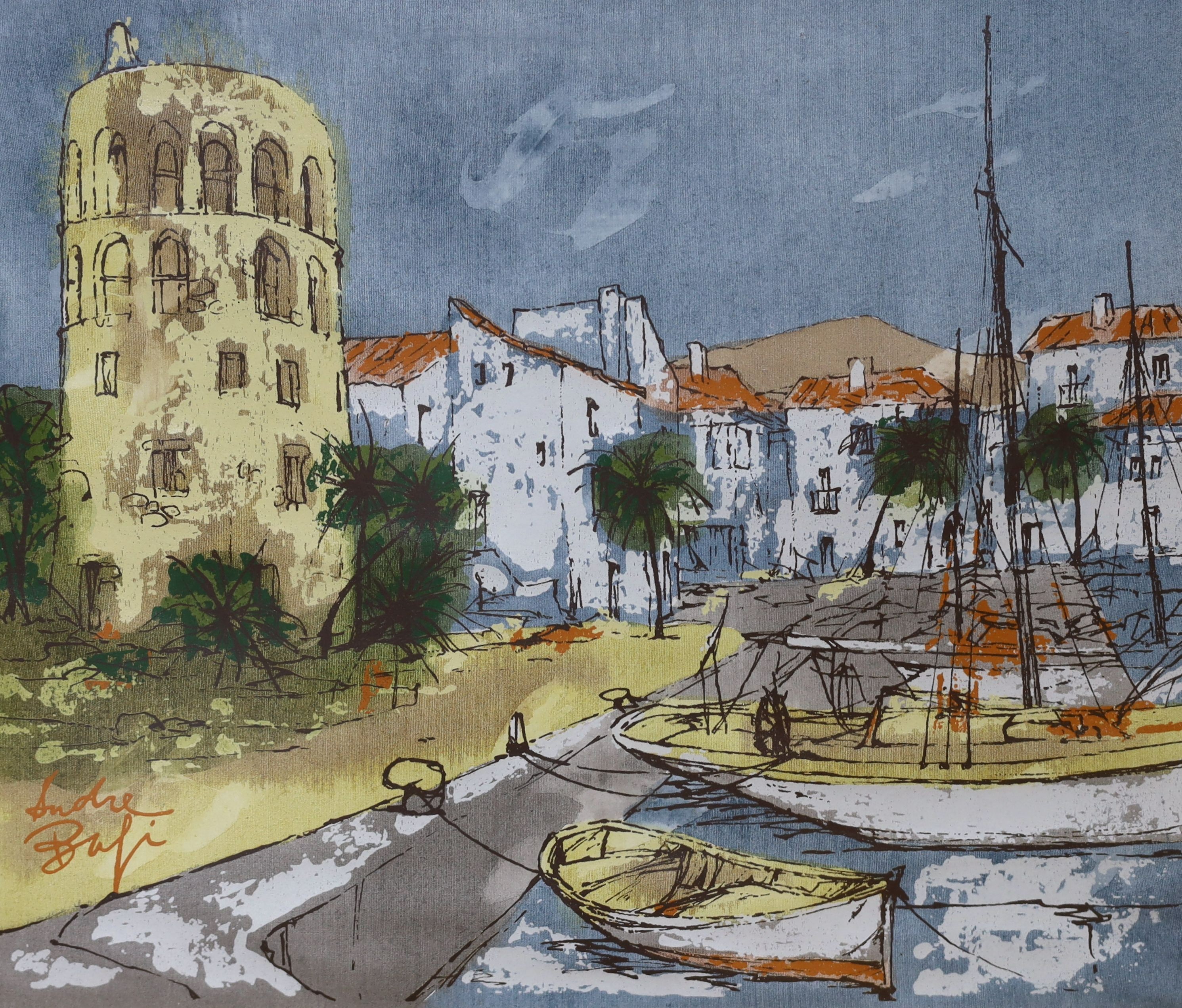 Andre Bufi (Bernard Dufour, 1922-2016), ink and acrylic on canvas, Mediterranean harbour scene, signed, 37 x 44cm